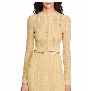 Pointelle Knit Cardigan pearl button  yellow cream gold 0 XS